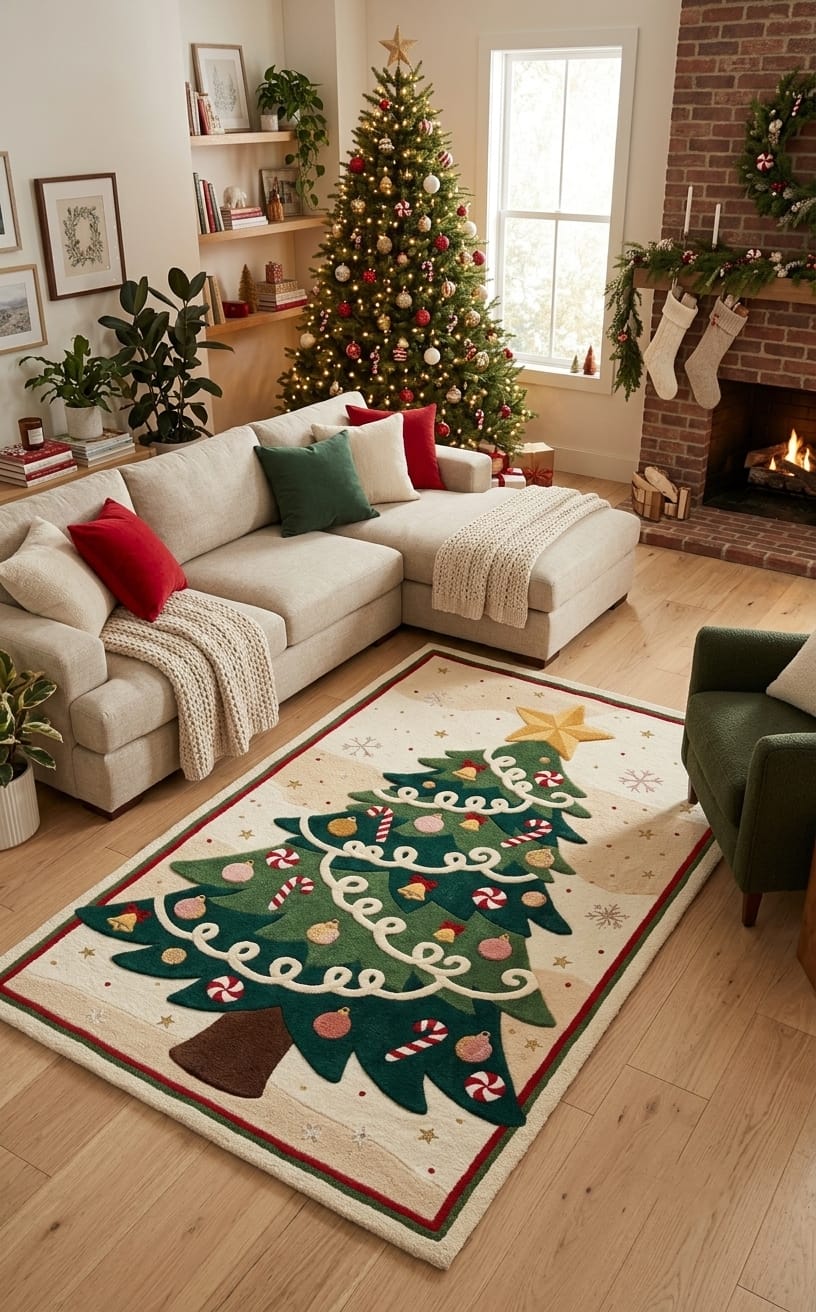 Hand-Tufted Wool Decorated Christmas Tree Rug - Cream/Green Festive Holiday Cozy Living Room Carpet