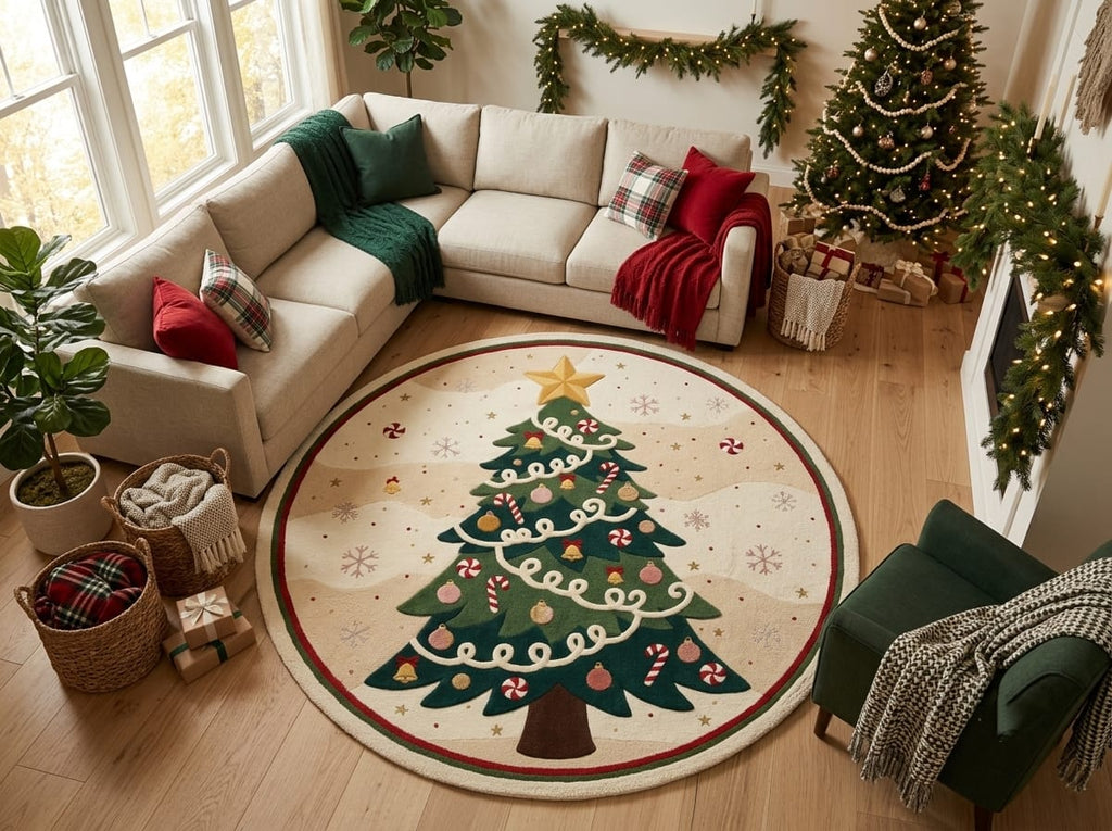 Hand-Tufted Wool Decorated Christmas Tree Rug - Cream/Green Festive Holiday Cozy Living Room Carpet