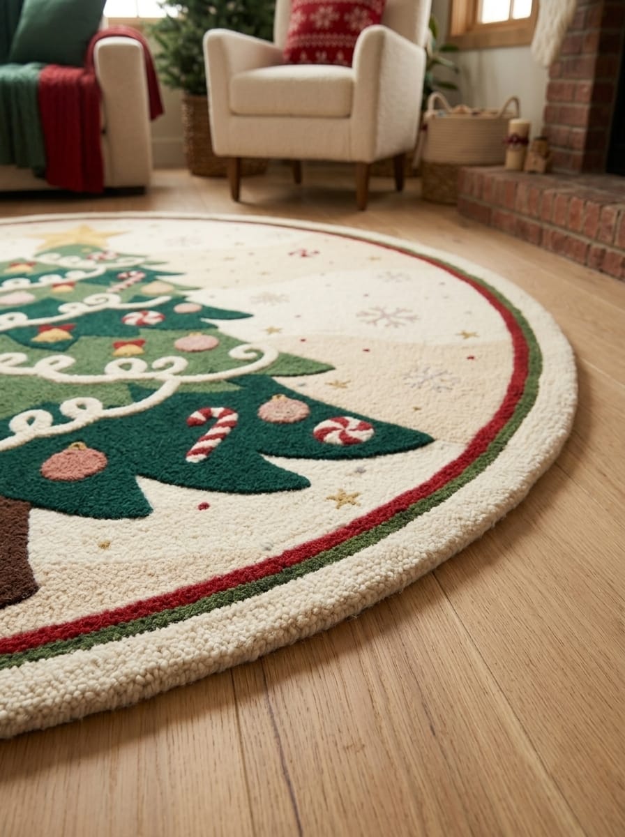 Hand-Tufted Wool Decorated Christmas Tree Rug - Cream/Green Festive Holiday Cozy Living Room Carpet