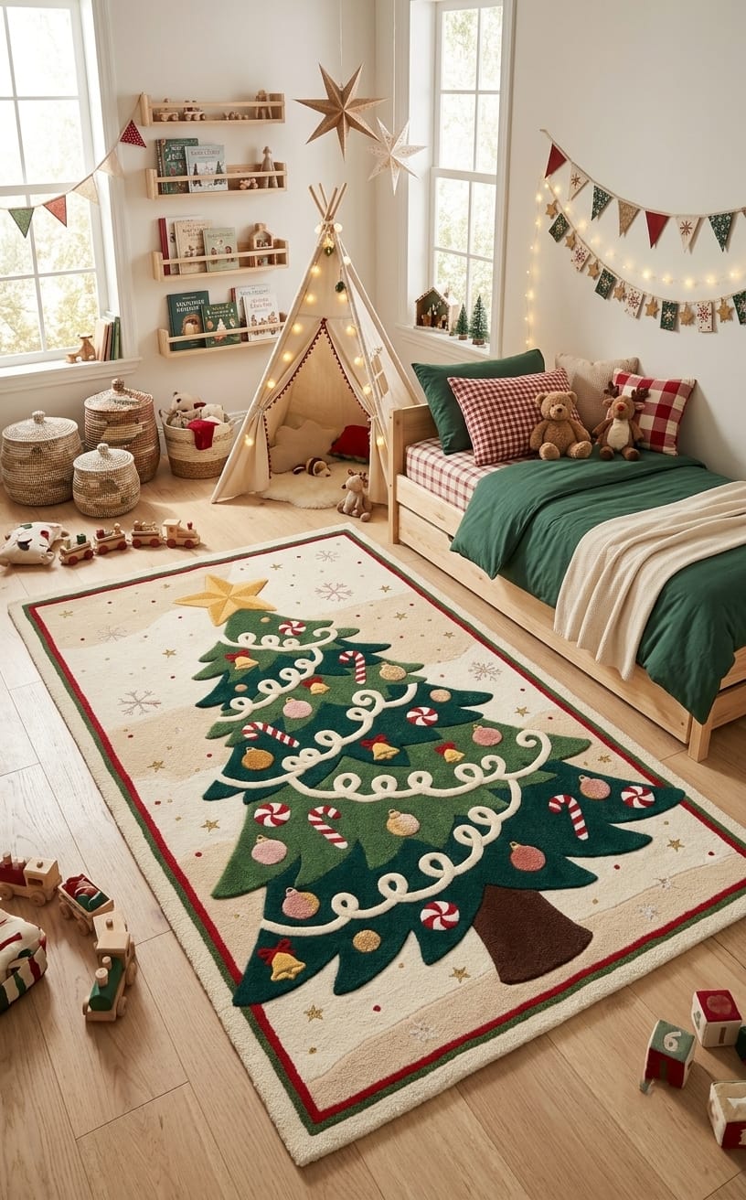Hand-Tufted Wool Decorated Christmas Tree Rug - Cream/Green Festive Holiday Cozy Living Room Carpet