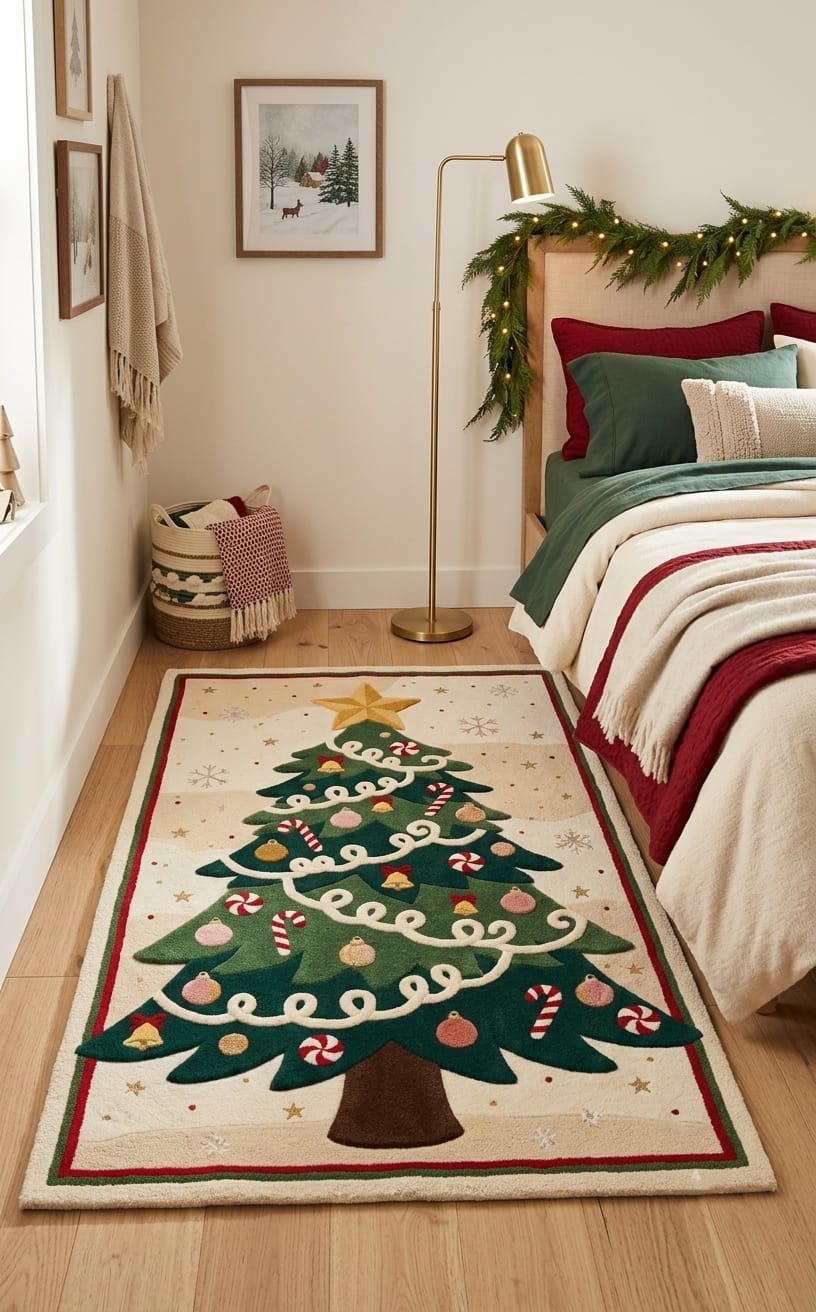Hand-Tufted Wool Decorated Christmas Tree Rug - Cream/Green Festive Holiday Cozy Living Room Carpet