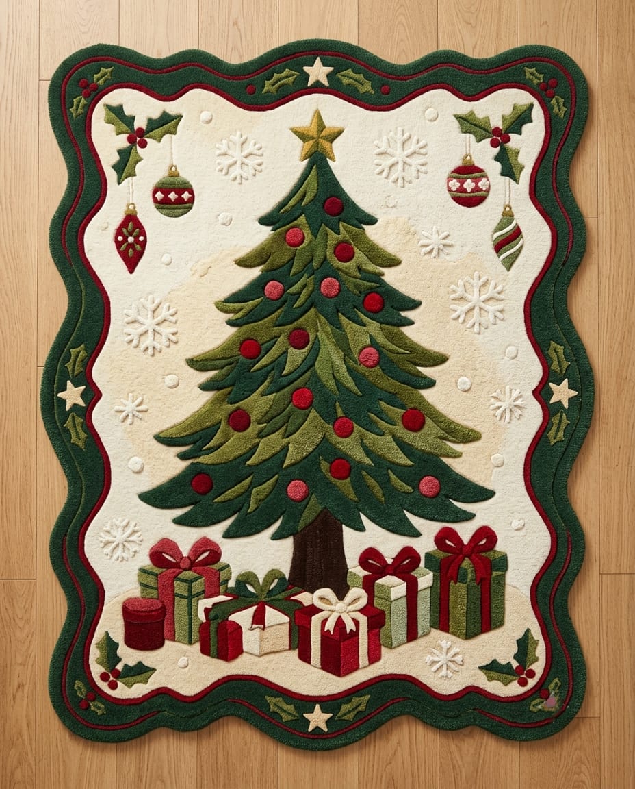 Hand-Tufted Wool Scalloped Christmas Tree Rug - Cream Heritage Holiday Cozy Living Room Area Carpet
