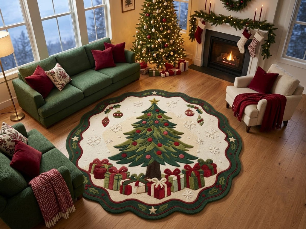Hand-Tufted Wool Scalloped Christmas Tree Rug - Cream Heritage Holiday Cozy Living Room Area Carpet