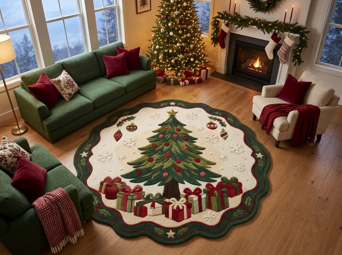 Hand-Tufted Wool Scalloped Christmas Tree Rug - Cream Heritage Holiday Cozy Living Room Area Carpet