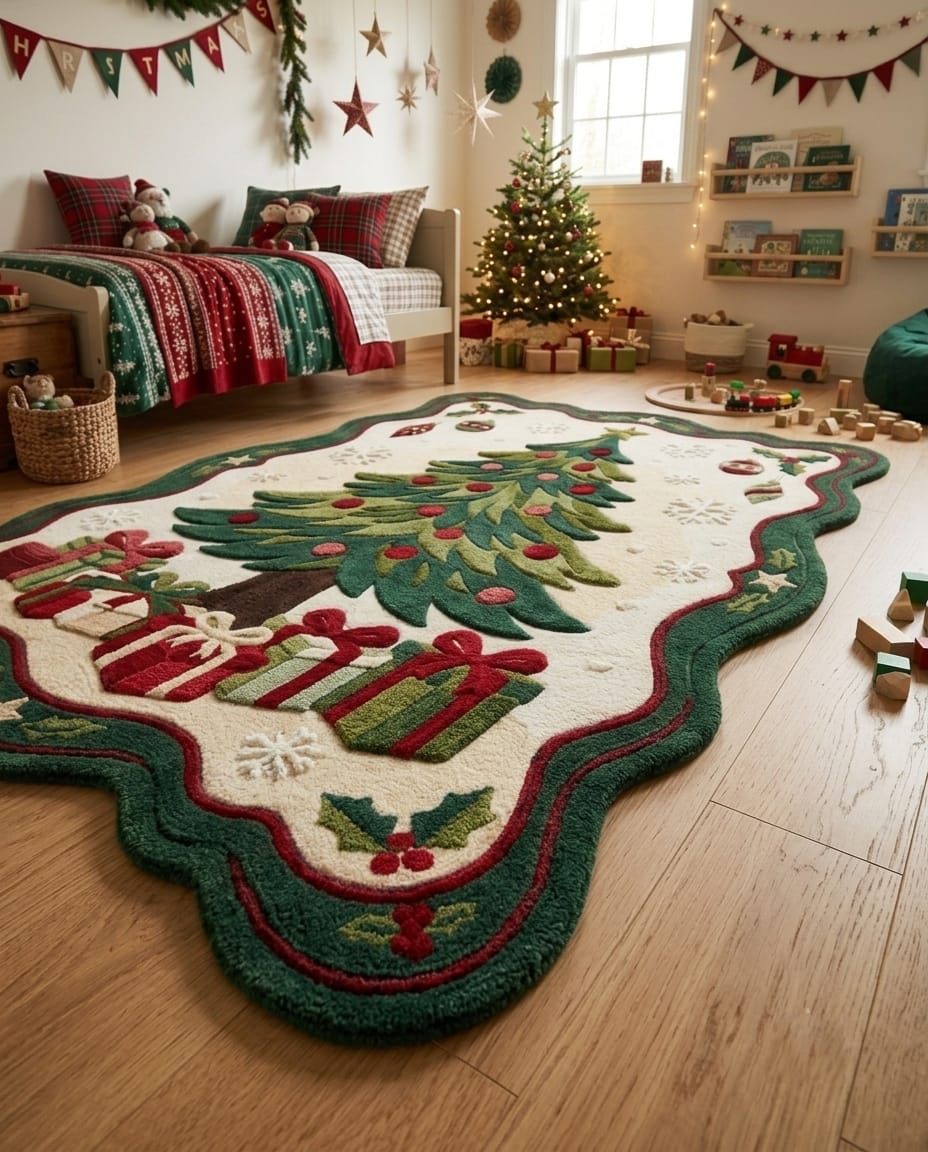 Hand-Tufted Wool Scalloped Christmas Tree Rug - Cream Heritage Holiday Cozy Living Room Area Carpet