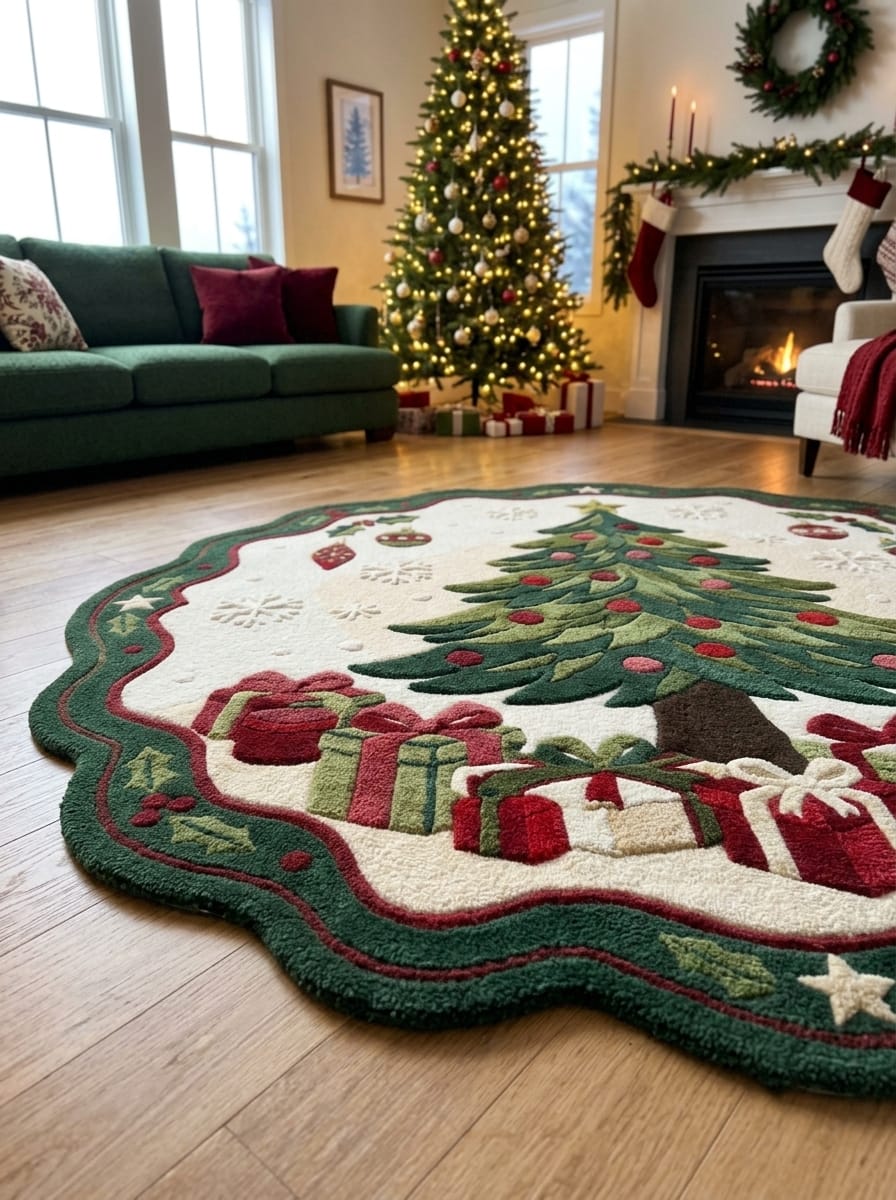Hand-Tufted Wool Scalloped Christmas Tree Rug - Cream Heritage Holiday Cozy Living Room Area Carpet