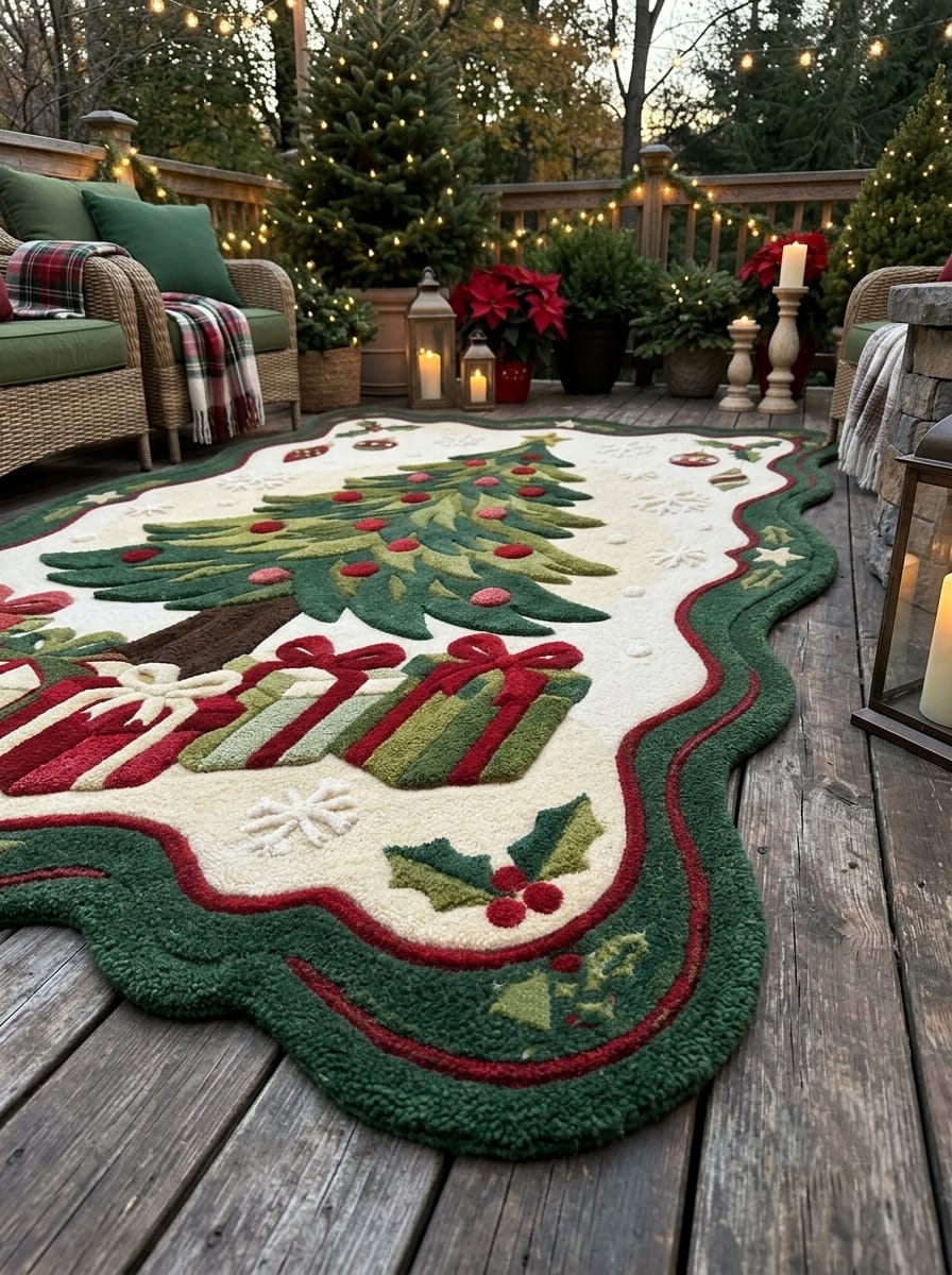 Hand-Tufted Wool Scalloped Christmas Tree Rug - Cream Heritage Holiday Cozy Living Room Area Carpet