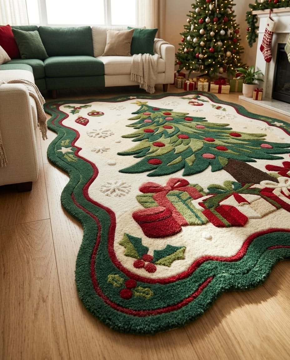 Hand-Tufted Wool Scalloped Christmas Tree Rug - Cream Heritage Holiday Cozy Living Room Area Carpet