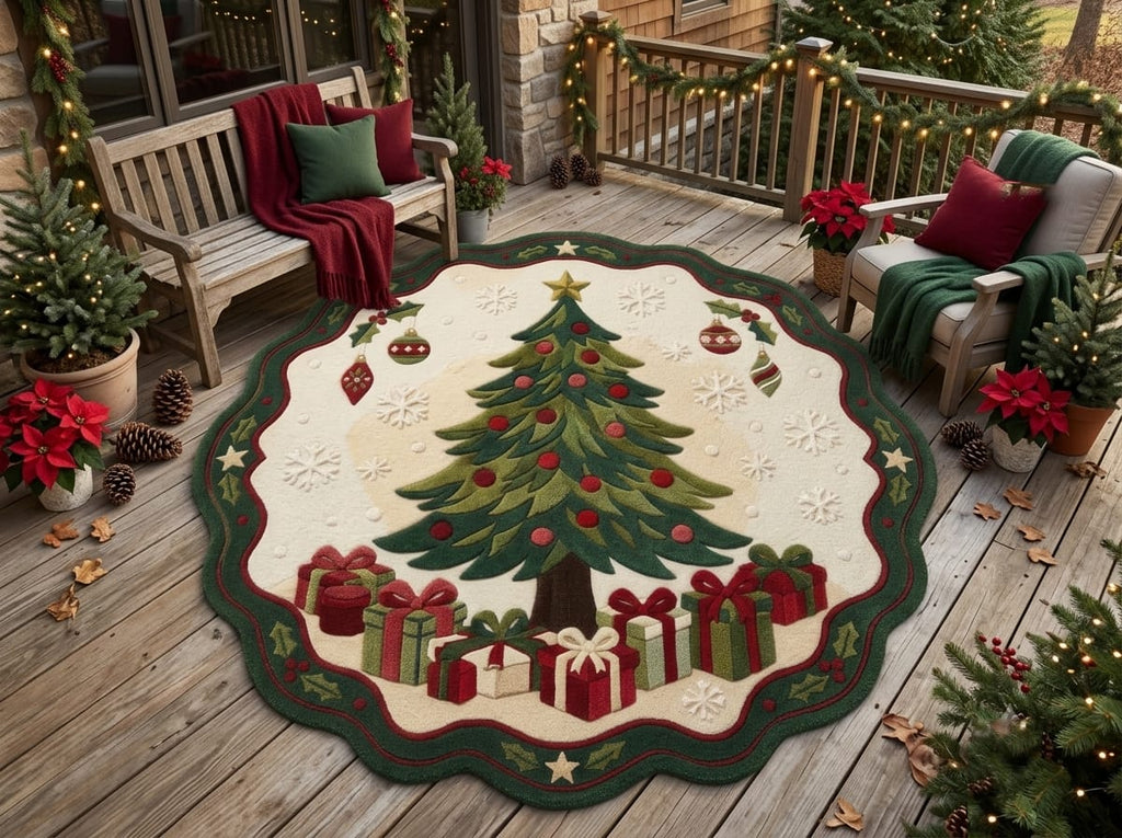 Hand-Tufted Wool Scalloped Christmas Tree Rug - Cream Heritage Holiday Cozy Living Room Area Carpet