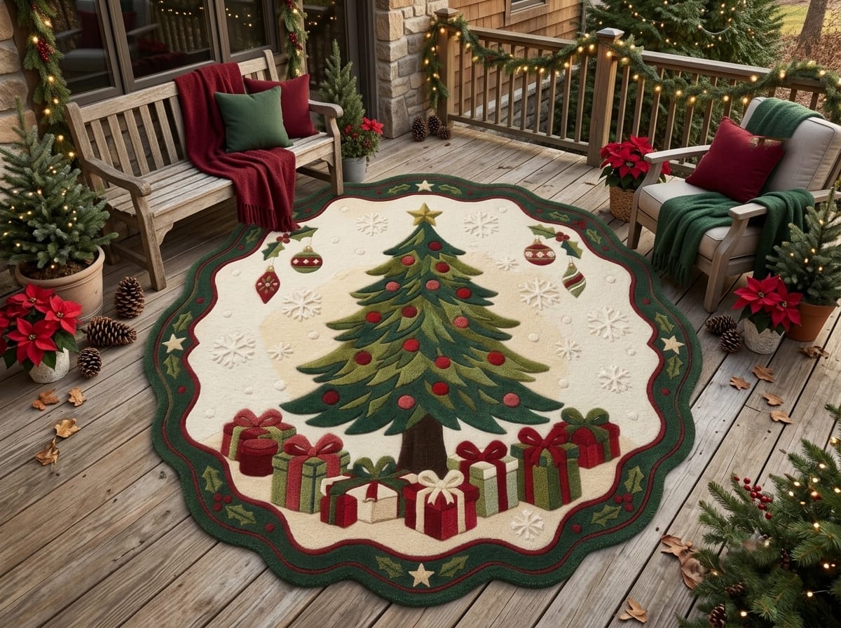 Hand-Tufted Wool Scalloped Christmas Tree Rug - Cream Heritage Holiday Cozy Living Room Area Carpet