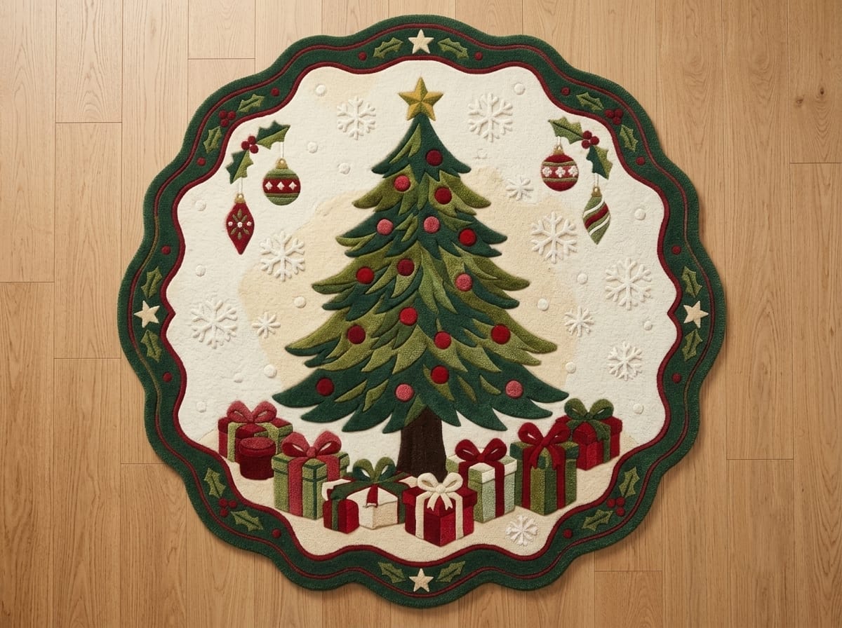 Hand-Tufted Wool Scalloped Christmas Tree Rug - Cream Heritage Holiday Cozy Living Room Area Carpet