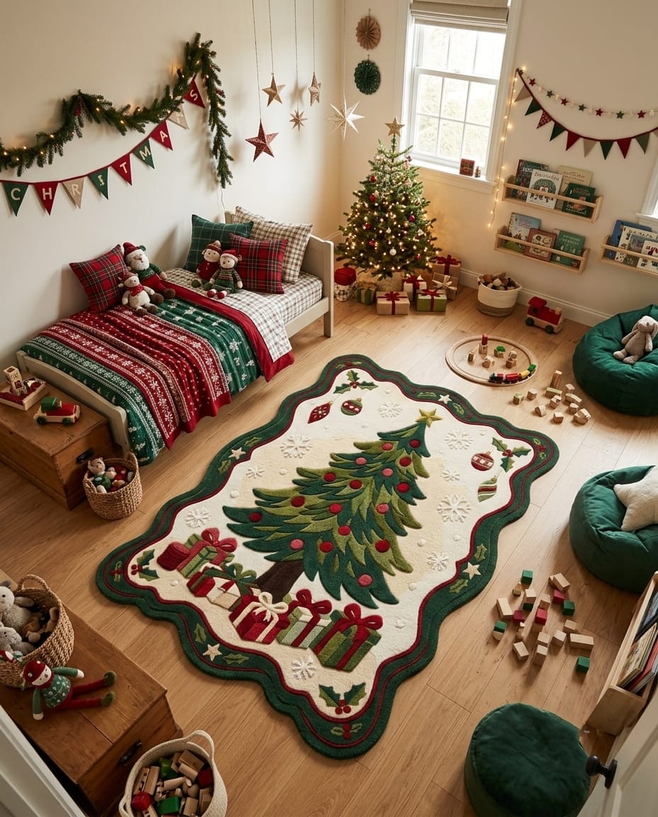 Hand-Tufted Wool Scalloped Christmas Tree Rug - Cream Heritage Holiday Cozy Living Room Area Carpet