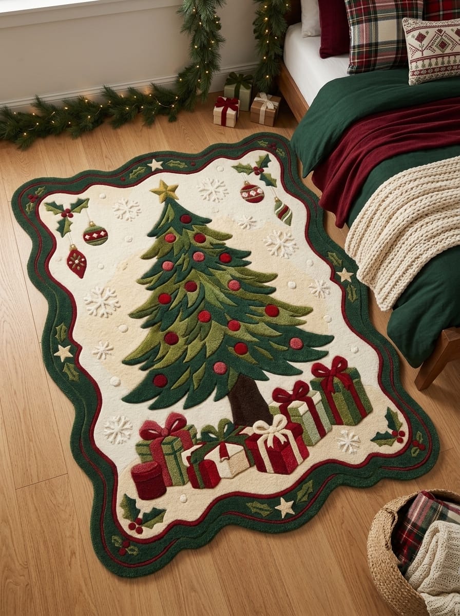 Hand-Tufted Wool Scalloped Christmas Tree Rug - Cream Heritage Holiday Cozy Living Room Area Carpet