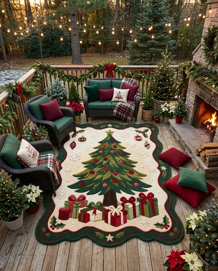 Hand-Tufted Wool Scalloped Christmas Tree Rug - Cream Heritage Holiday Cozy Living Room Area Carpet