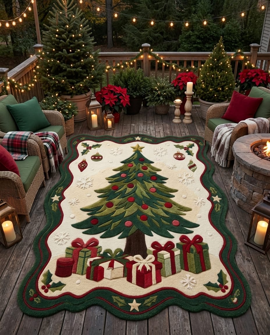 Hand-Tufted Wool Scalloped Christmas Tree Rug - Cream Heritage Holiday Cozy Living Room Area Carpet