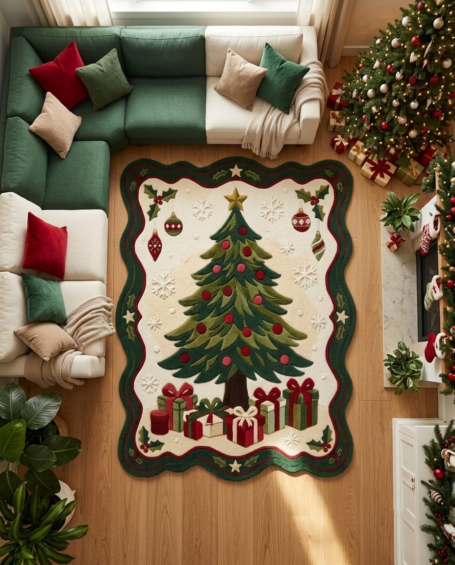 Hand-Tufted Wool Scalloped Christmas Tree Rug - Cream Heritage Holiday Cozy Living Room Area Carpet