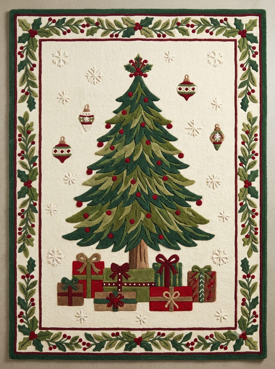 Hand-Tufted Wool Christmas Tree & Presents Rug - Cream Vintage Holiday Cozy Aesthetic Bedroom Area Carpet
