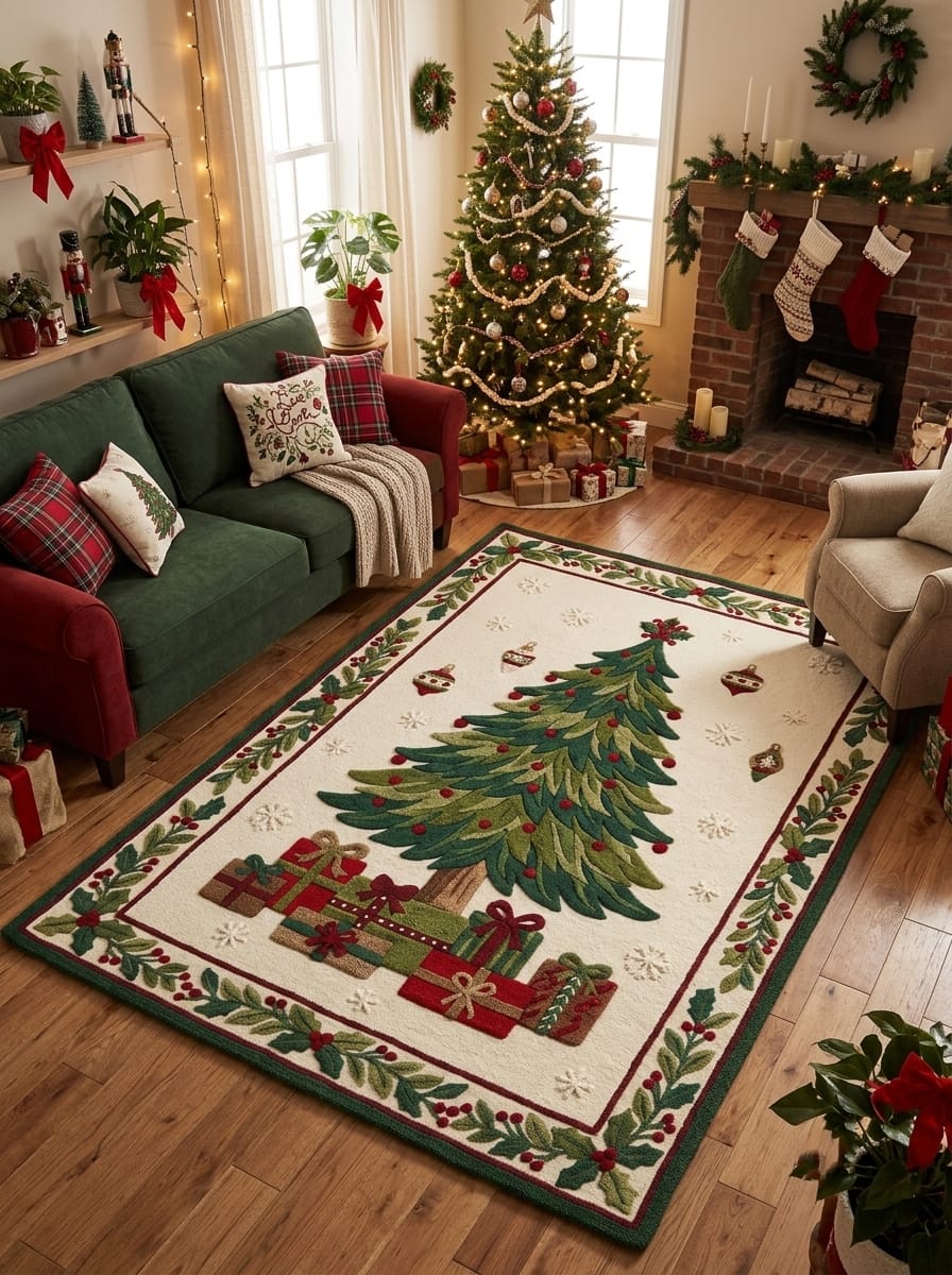 Hand-Tufted Wool Christmas Tree & Presents Rug - Cream Vintage Holiday Cozy Aesthetic Bedroom Area Carpet