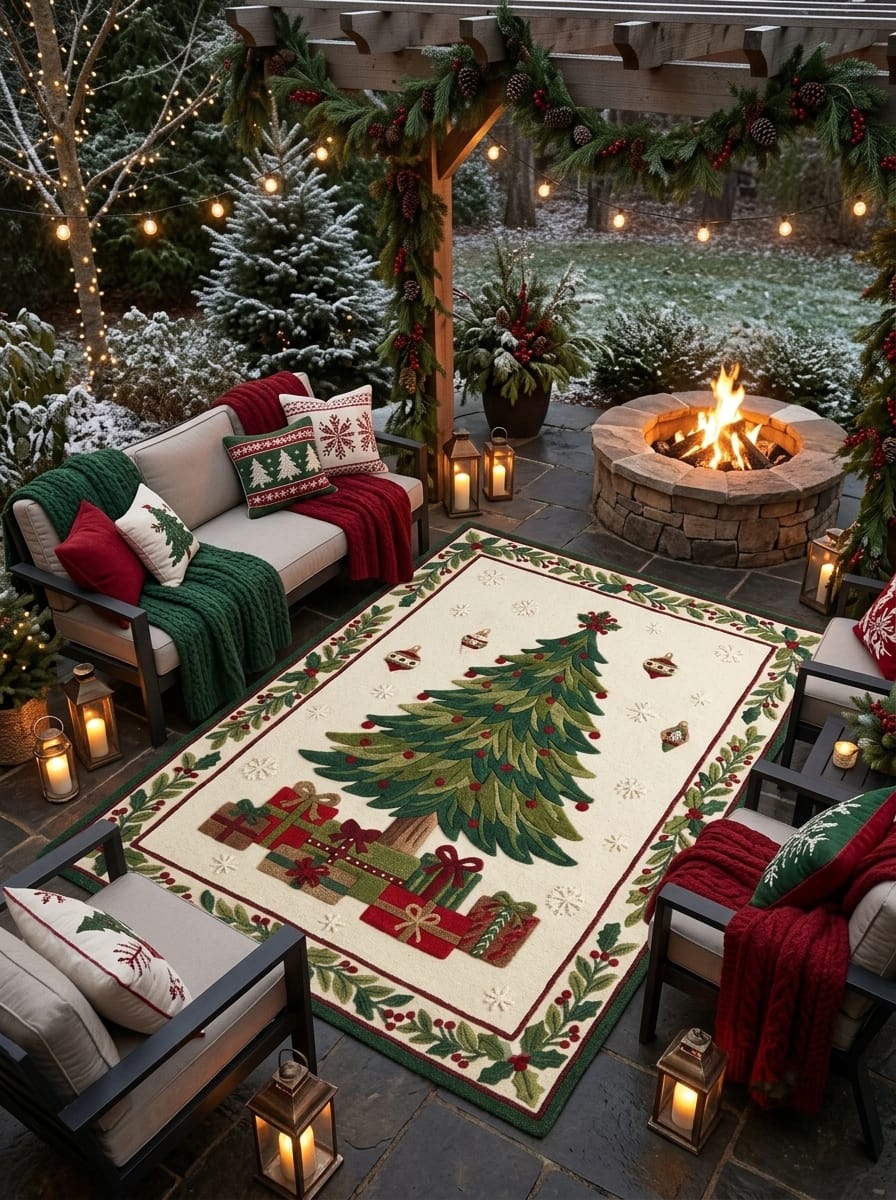 Hand-Tufted Wool Christmas Tree & Presents Rug - Cream Vintage Holiday Cozy Aesthetic Bedroom Area Carpet