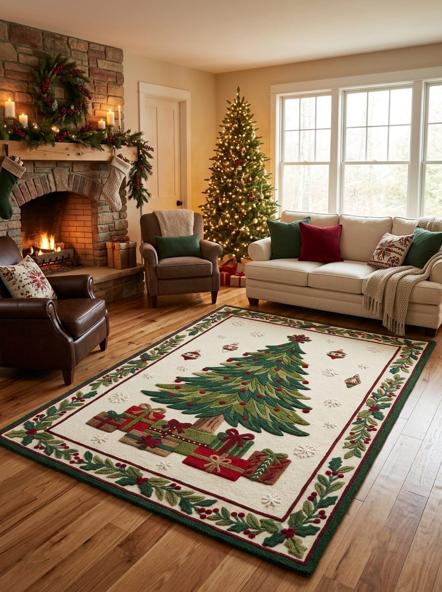 Hand-Tufted Wool Christmas Tree & Presents Rug - Cream Vintage Holiday Cozy Aesthetic Bedroom Area Carpet