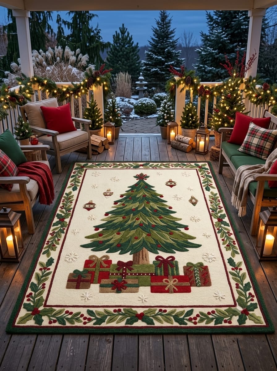 Hand-Tufted Wool Christmas Tree & Presents Rug - Cream Vintage Holiday Cozy Aesthetic Bedroom Area Carpet