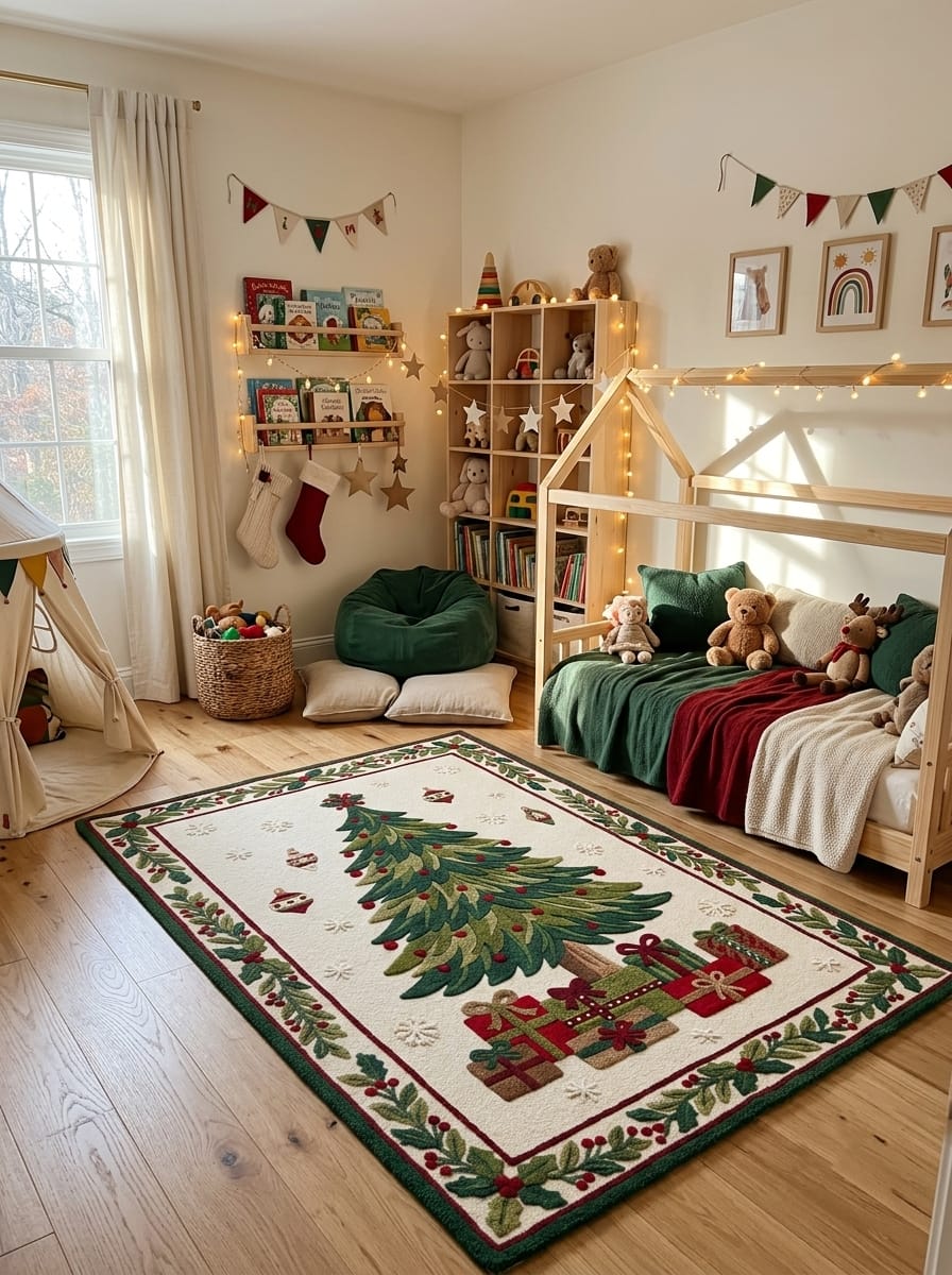 Hand-Tufted Wool Christmas Tree & Presents Rug - Cream Vintage Holiday Cozy Aesthetic Bedroom Area Carpet