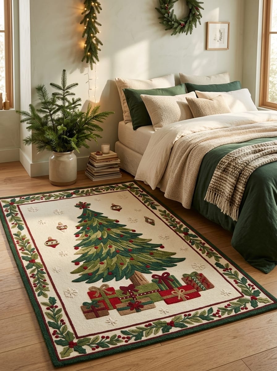 Hand-Tufted Wool Christmas Tree & Presents Rug - Cream Vintage Holiday Cozy Aesthetic Bedroom Area Carpet