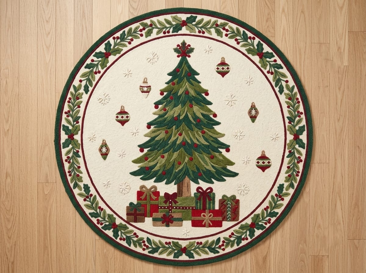 Hand-Tufted Wool Christmas Tree & Presents Rug - Cream Vintage Holiday Cozy Aesthetic Bedroom Area Carpet