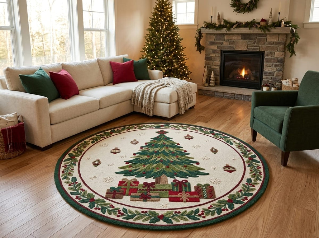 Hand-Tufted Wool Christmas Tree & Presents Rug - Cream Vintage Holiday Cozy Aesthetic Bedroom Area Carpet