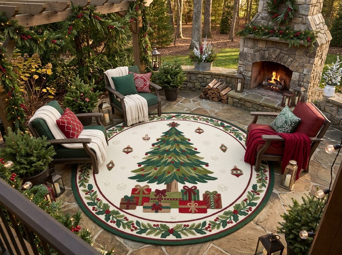 Hand-Tufted Wool Christmas Tree & Presents Rug - Cream Vintage Holiday Cozy Aesthetic Bedroom Area Carpet