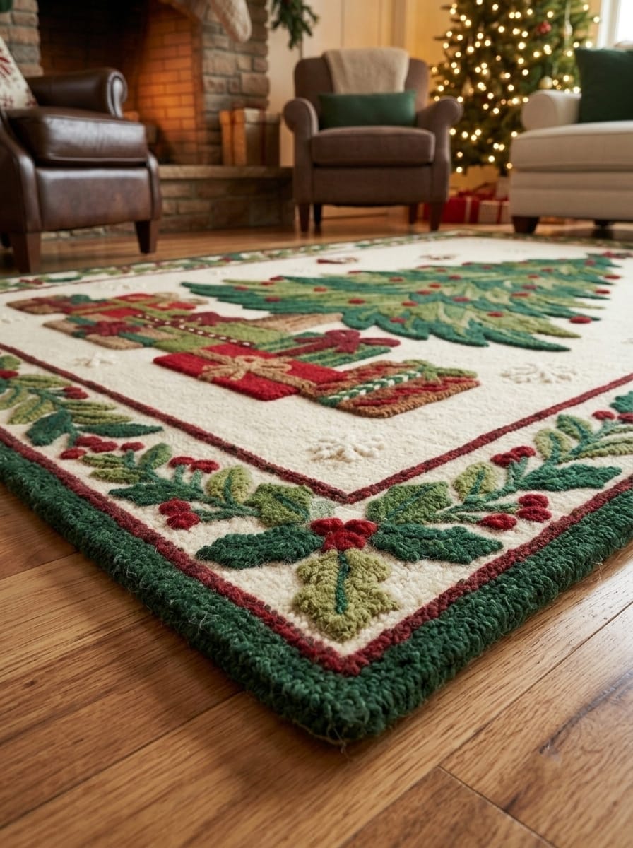 Hand-Tufted Wool Christmas Tree & Presents Rug - Cream Vintage Holiday Cozy Aesthetic Bedroom Area Carpet