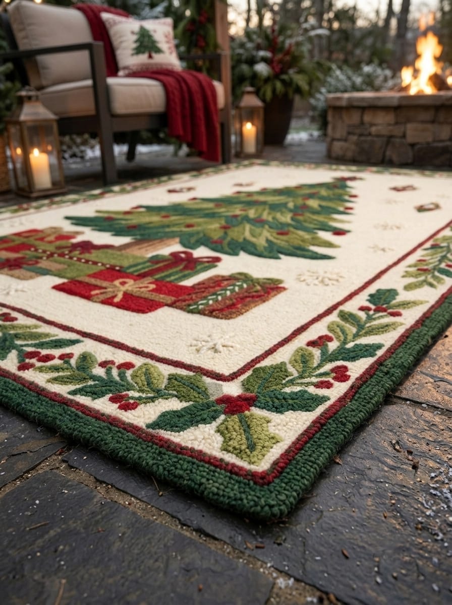 Hand-Tufted Wool Christmas Tree & Presents Rug - Cream Vintage Holiday Cozy Aesthetic Bedroom Area Carpet