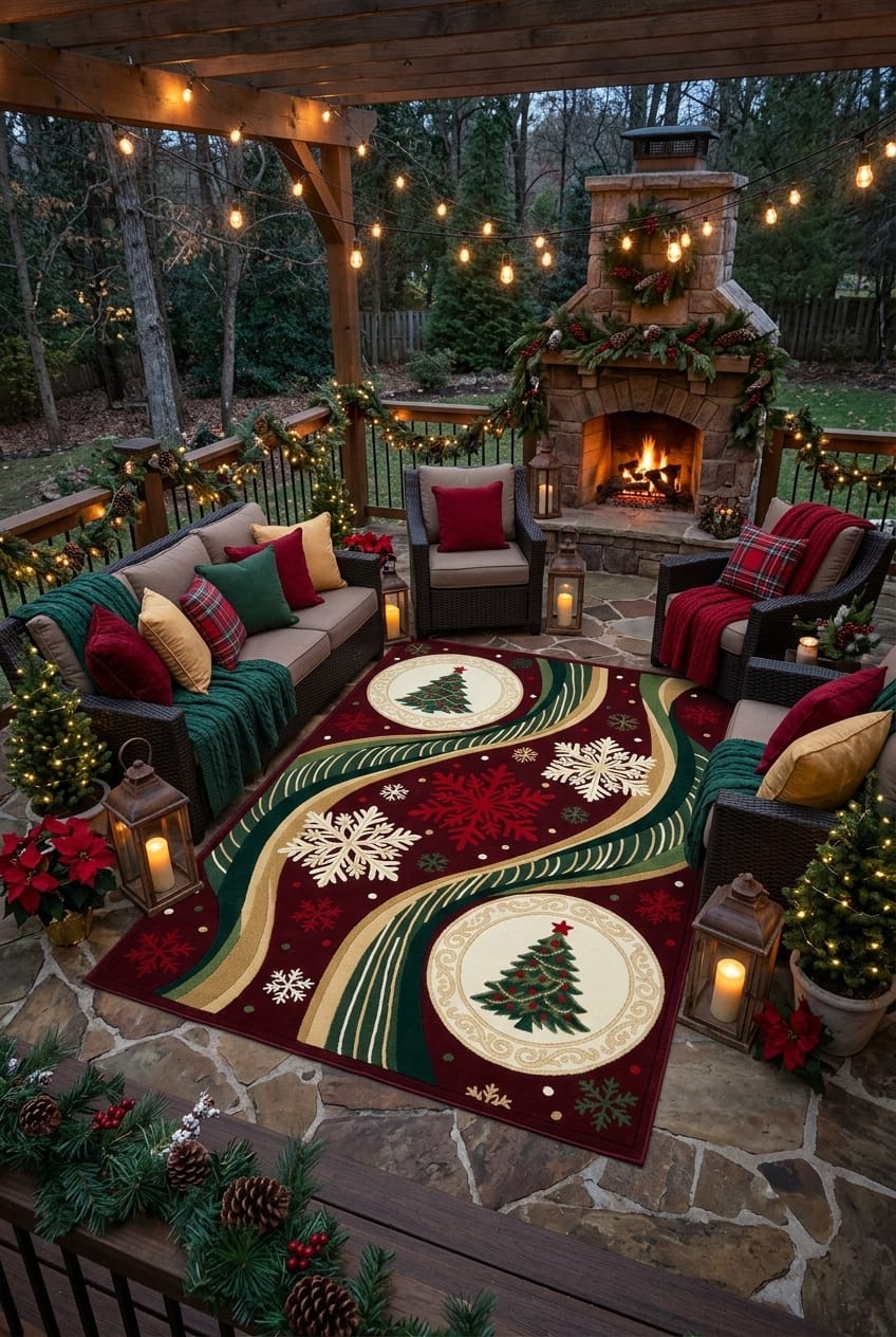 Hand-Tufted Wool Dynamic Christmas Wave Rug - Deep Burgundy/Green Holiday Minimalist Indian Artisans Carpet