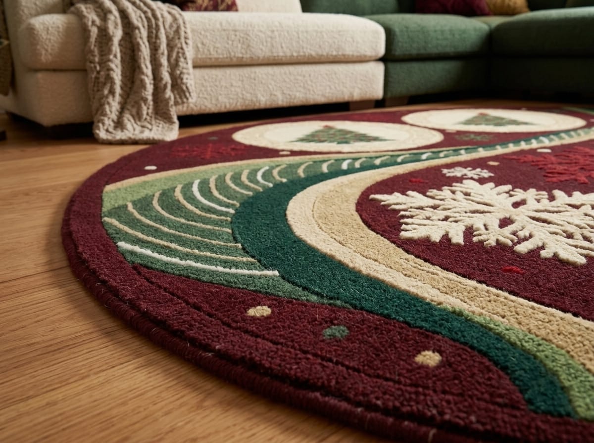 Hand-Tufted Wool Dynamic Christmas Wave Rug - Deep Burgundy/Green Holiday Minimalist Indian Artisans Carpet