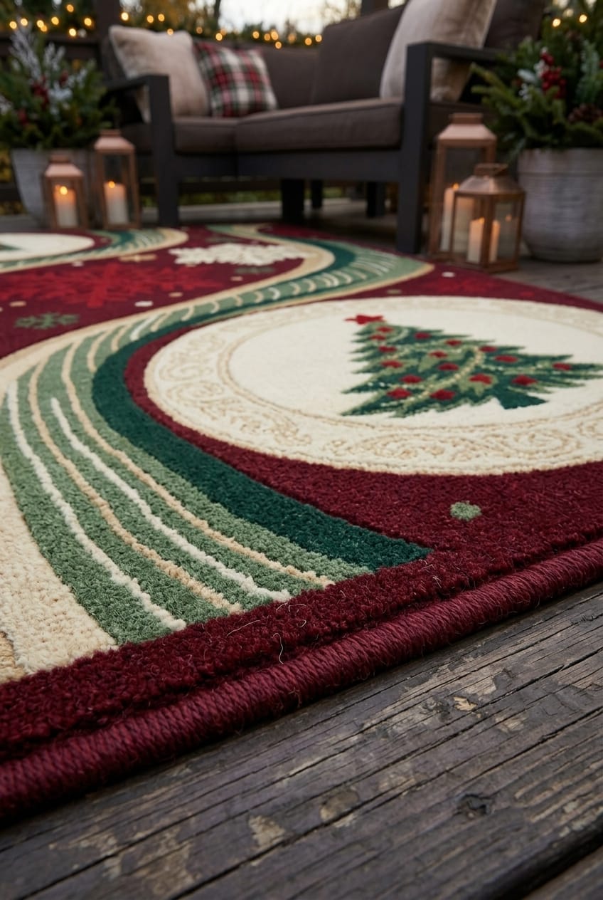 Hand-Tufted Wool Dynamic Christmas Wave Rug - Deep Burgundy/Green Holiday Minimalist Indian Artisans Carpet