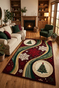 Hand-Tufted Wool Dynamic Christmas Wave Rug - Deep Burgundy/Green Holiday Minimalist Indian Artisans Carpet