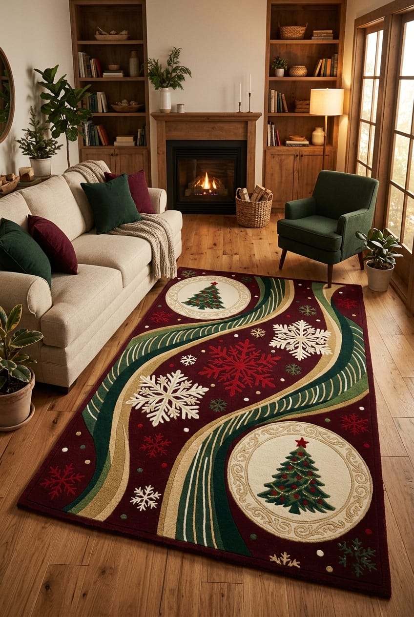 Hand-Tufted Wool Dynamic Christmas Wave Rug - Deep Burgundy/Green Holiday Minimalist Indian Artisans Carpet