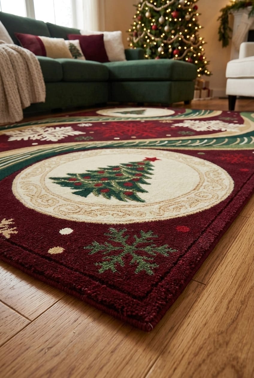 Hand-Tufted Wool Dynamic Christmas Wave Rug - Deep Burgundy/Green Holiday Minimalist Indian Artisans Carpet