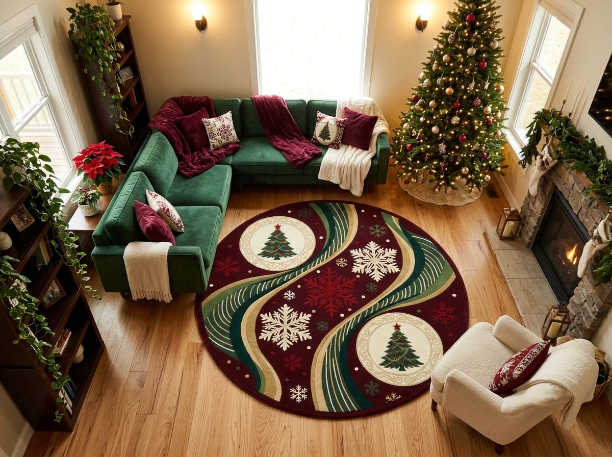 Hand-Tufted Wool Dynamic Christmas Wave Rug - Deep Burgundy/Green Holiday Minimalist Indian Artisans Carpet