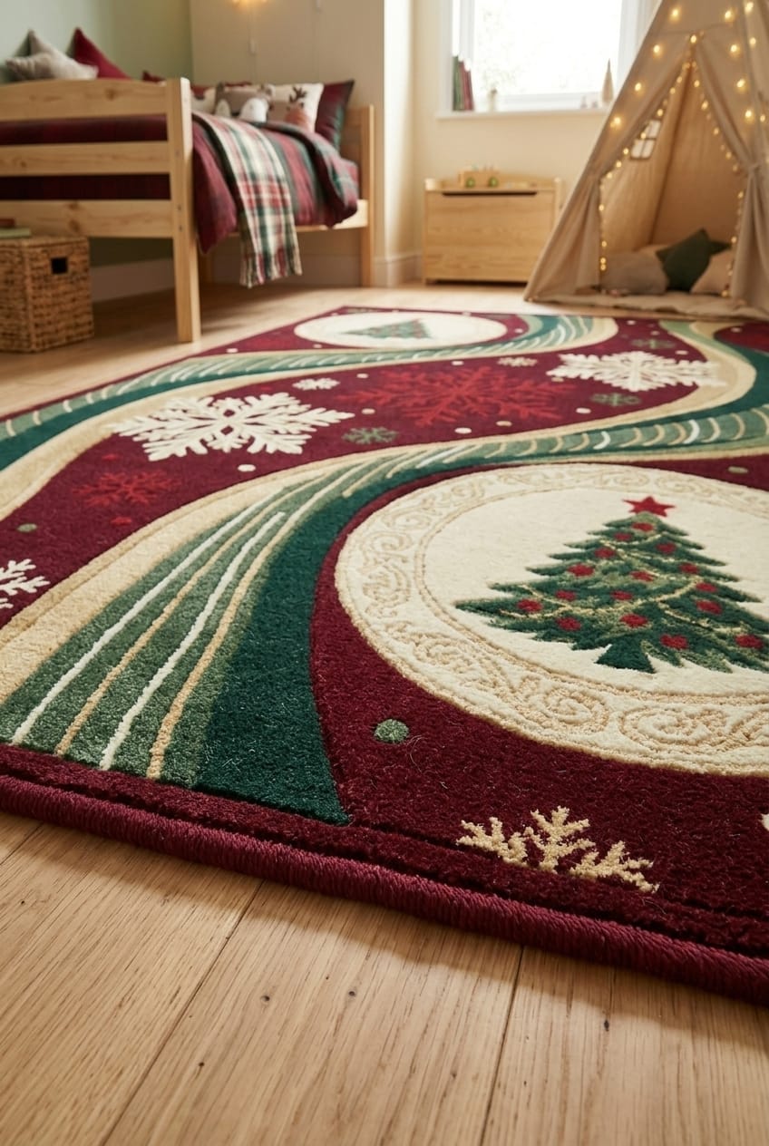 Hand-Tufted Wool Dynamic Christmas Wave Rug - Deep Burgundy/Green Holiday Minimalist Indian Artisans Carpet