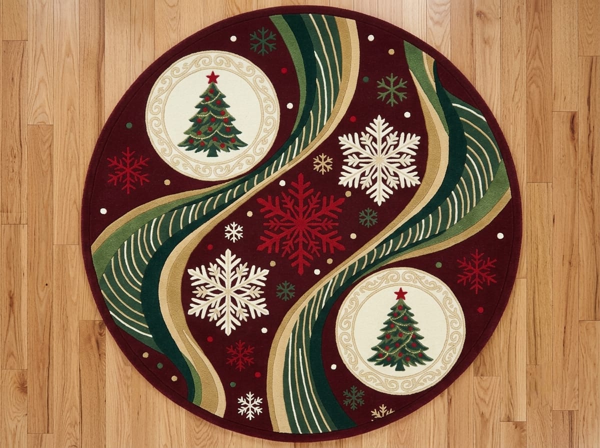 Hand-Tufted Wool Dynamic Christmas Wave Rug - Deep Burgundy/Green Holiday Minimalist Indian Artisans Carpet