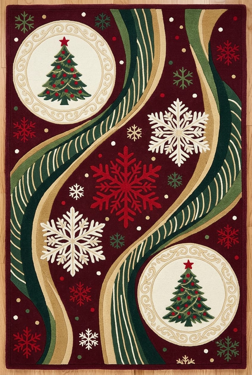 Hand-Tufted Wool Dynamic Christmas Wave Rug - Deep Burgundy/Green Holiday Minimalist Indian Artisans Carpet