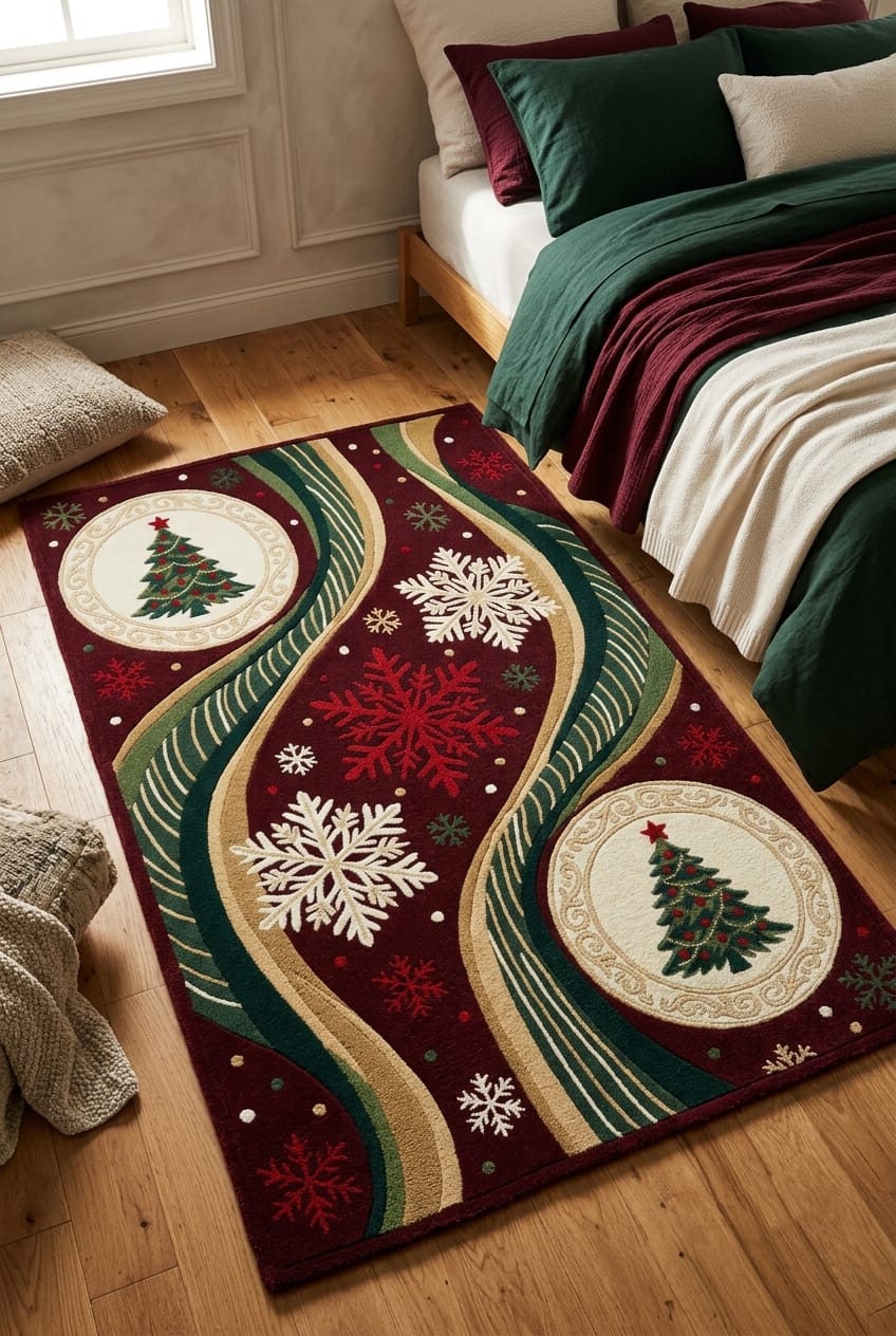 Hand-Tufted Wool Dynamic Christmas Wave Rug - Deep Burgundy/Green Holiday Minimalist Indian Artisans Carpet