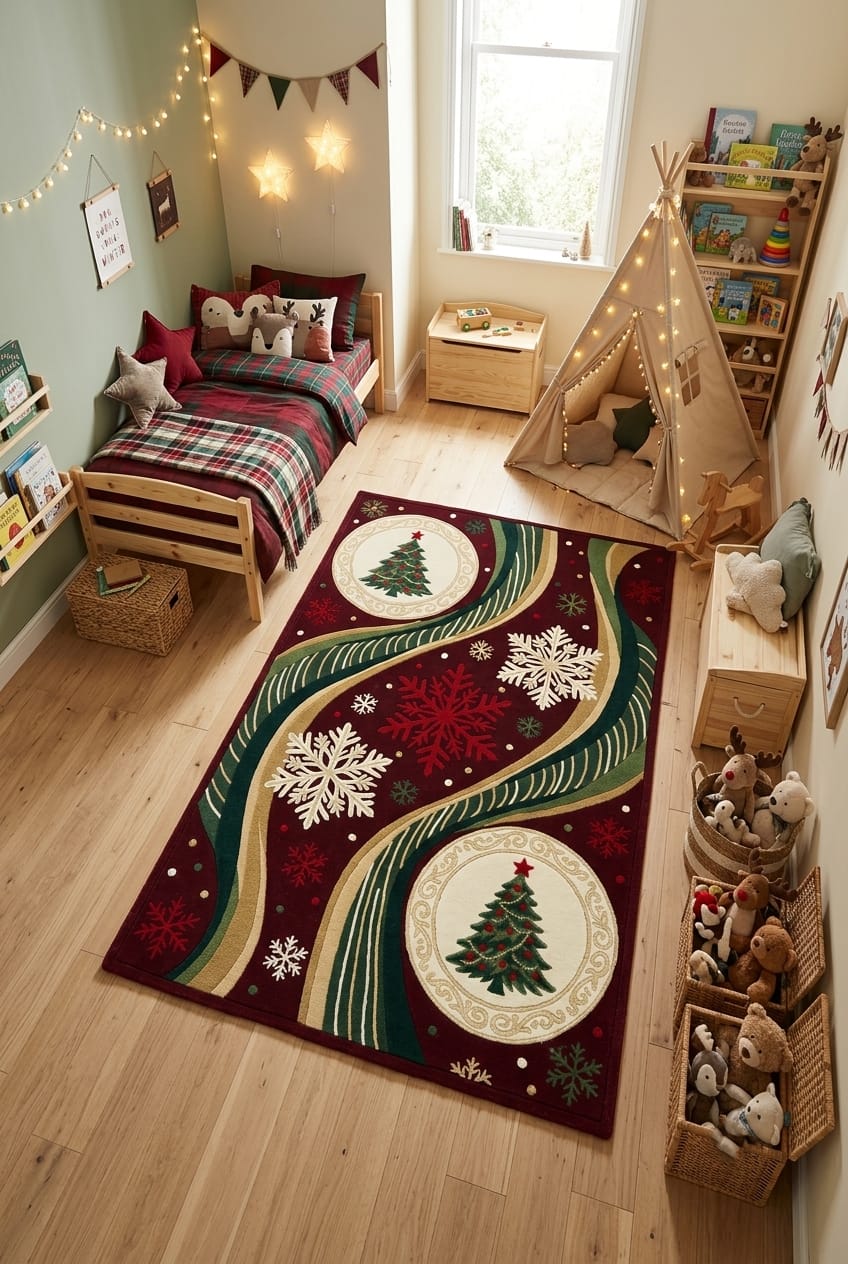 Hand-Tufted Wool Dynamic Christmas Wave Rug - Deep Burgundy/Green Holiday Minimalist Indian Artisans Carpet