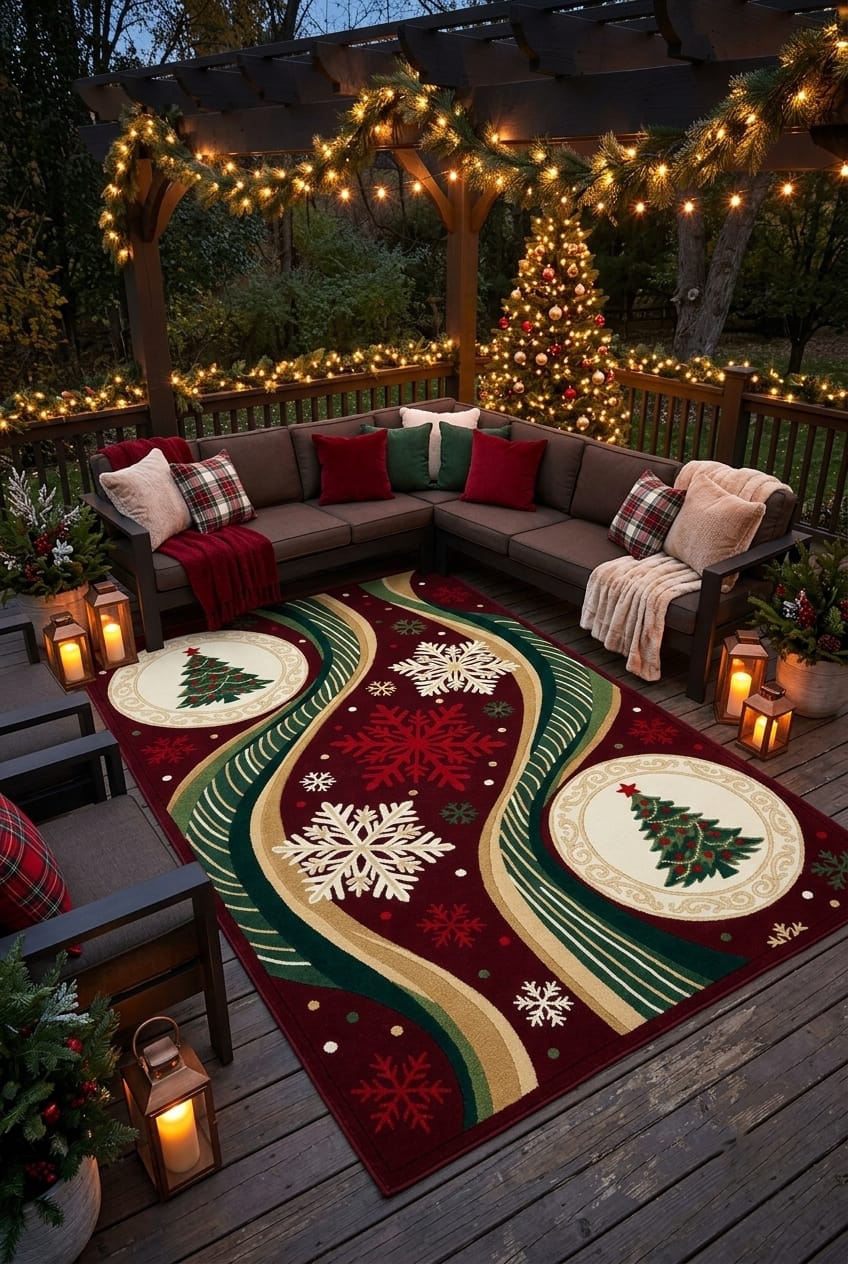 Hand-Tufted Wool Dynamic Christmas Wave Rug - Deep Burgundy/Green Holiday Minimalist Indian Artisans Carpet