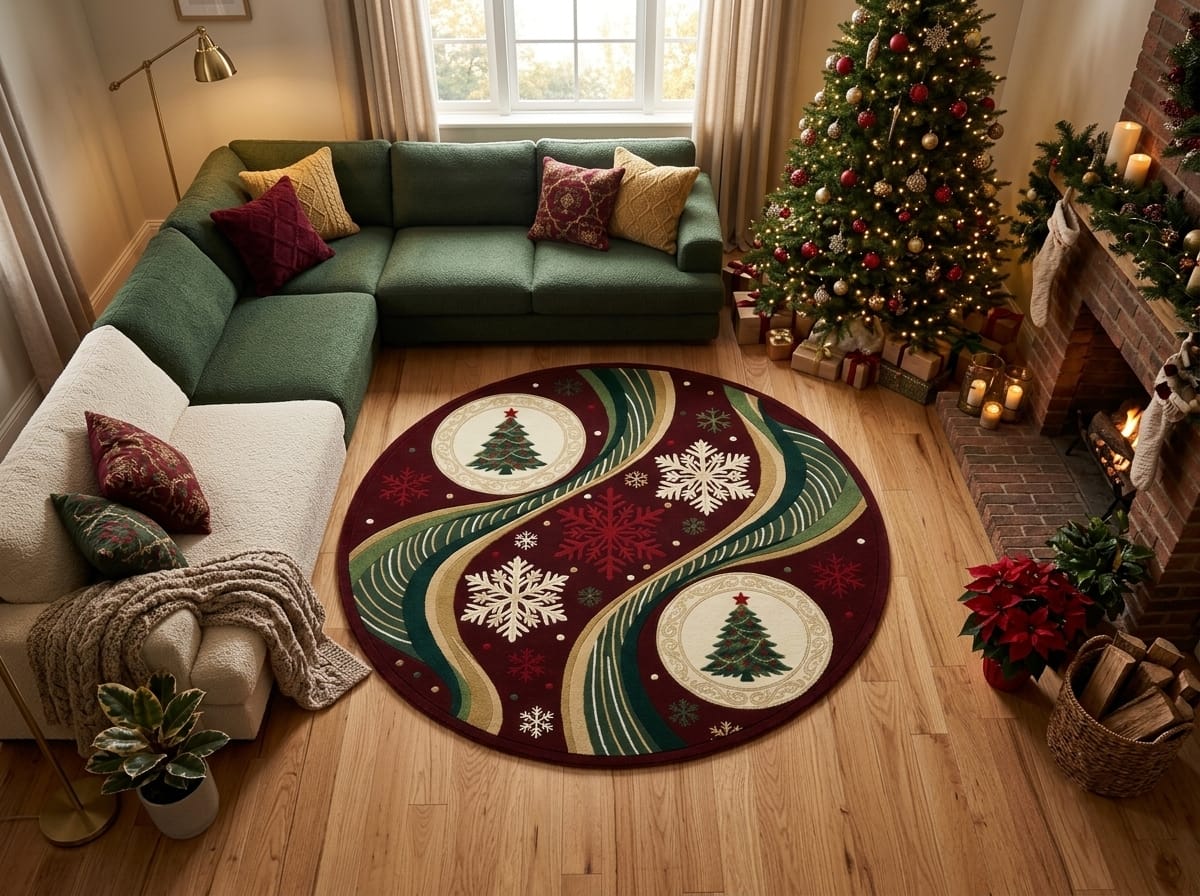 Hand-Tufted Wool Dynamic Christmas Wave Rug - Deep Burgundy/Green Holiday Minimalist Indian Artisans Carpet