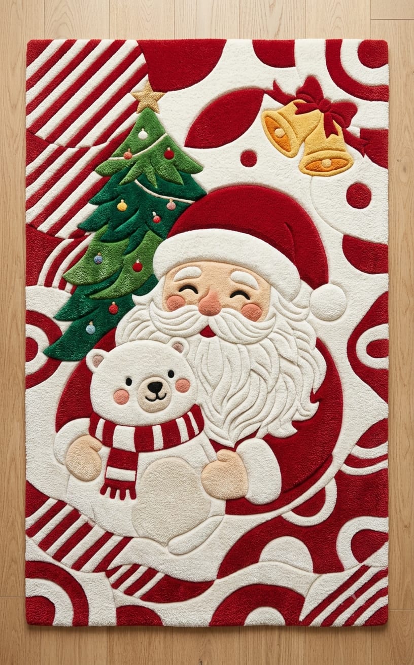 Hand-Tufted Wool Santa Claus & Polar Bear Holiday Rug - Red/White Festive Aesthetic Bedroom Area Carpet