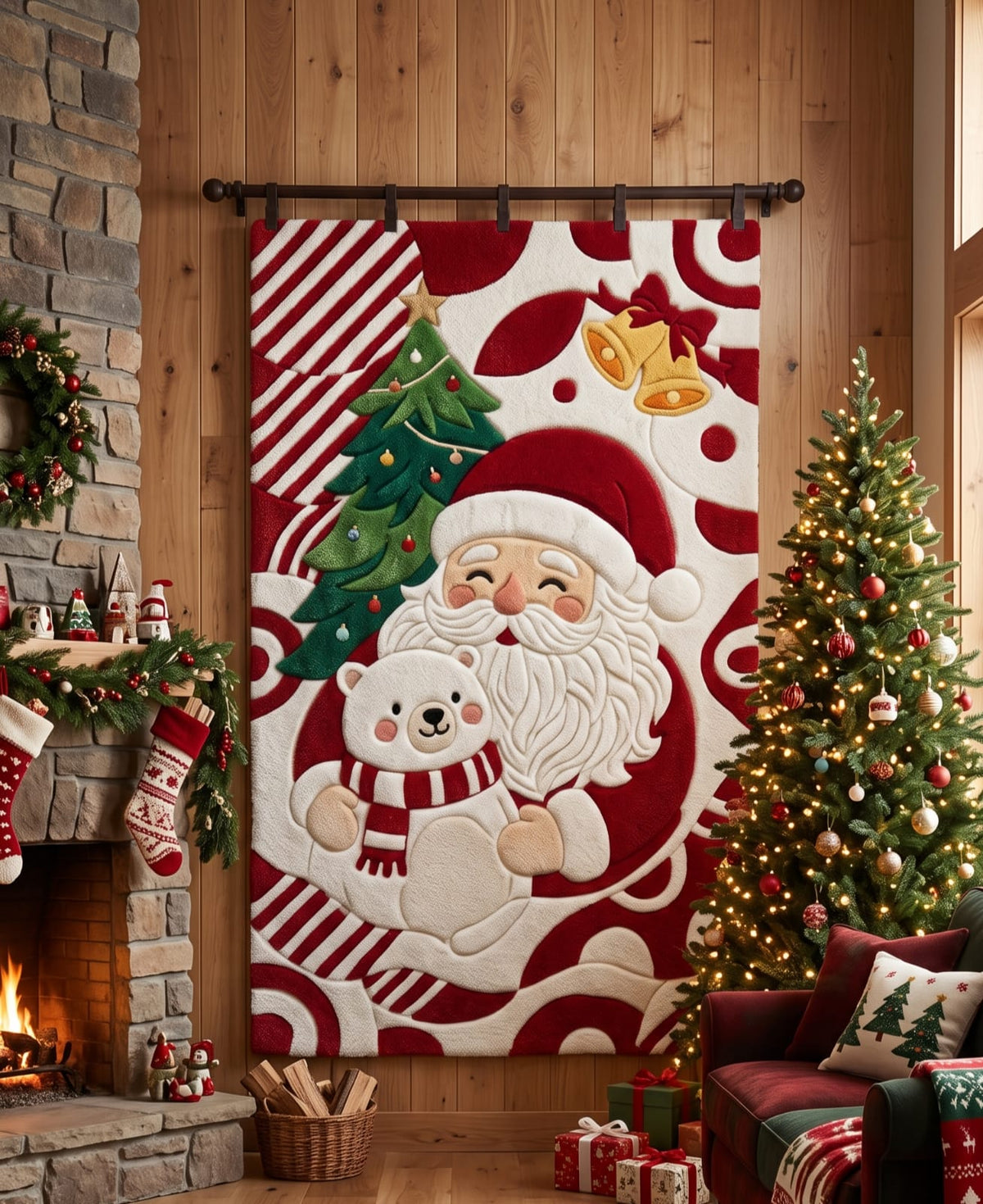 Hand-Tufted Wool Santa Claus & Polar Bear Holiday Rug - Red/White Festive Aesthetic Bedroom Area Carpet