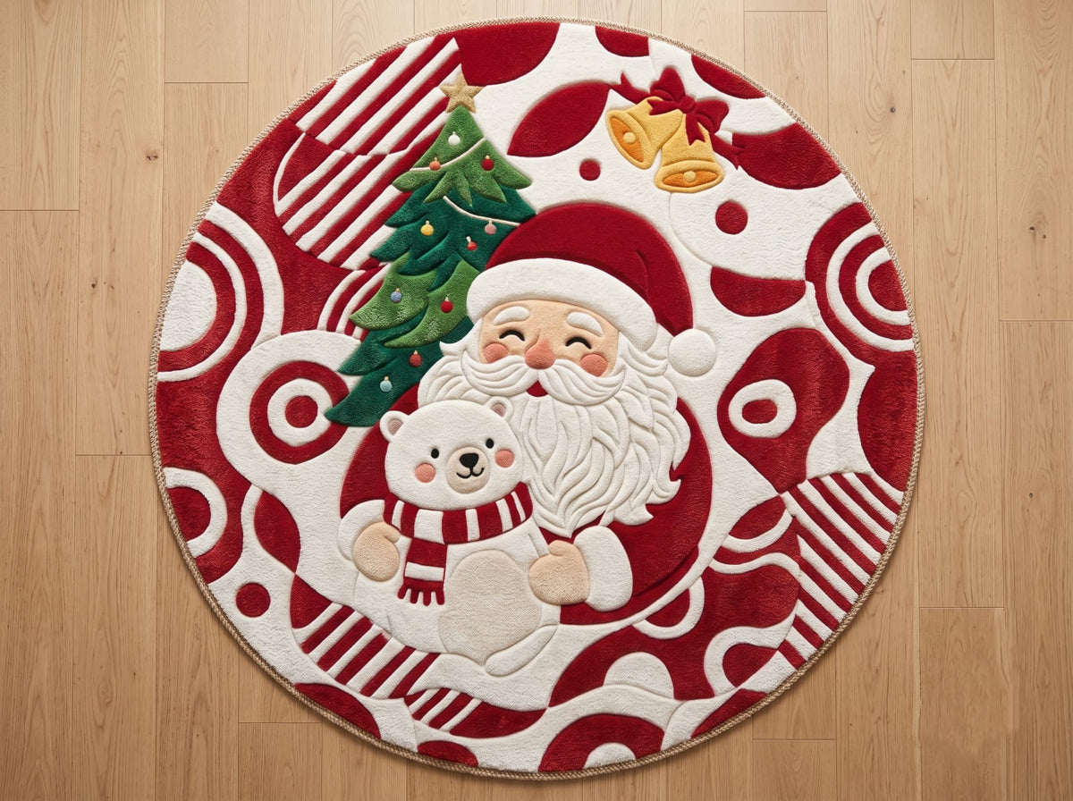 Hand-Tufted Wool Santa Claus & Polar Bear Holiday Rug - Red/White Festive Aesthetic Bedroom Area Carpet