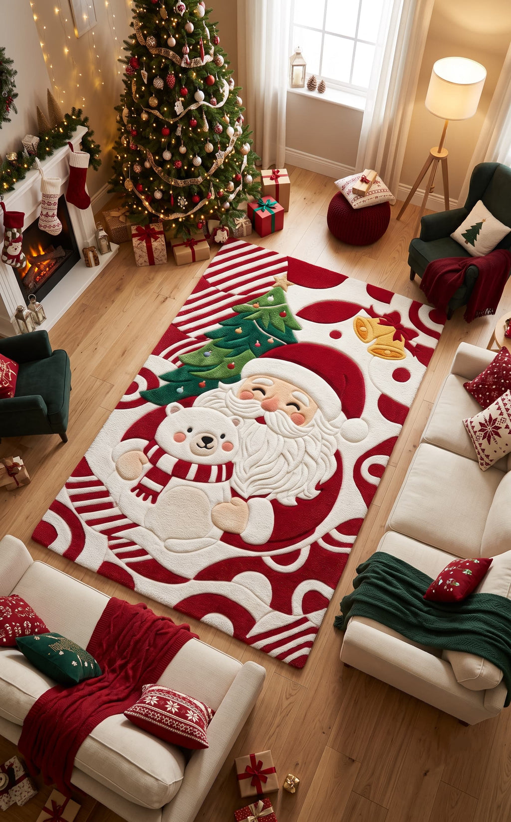 Hand-Tufted Wool Santa Claus & Polar Bear Holiday Rug - Red/White Festive Aesthetic Bedroom Area Carpet